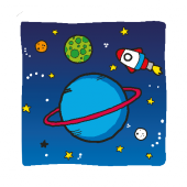 Cartoon Space Setting planets and rocket